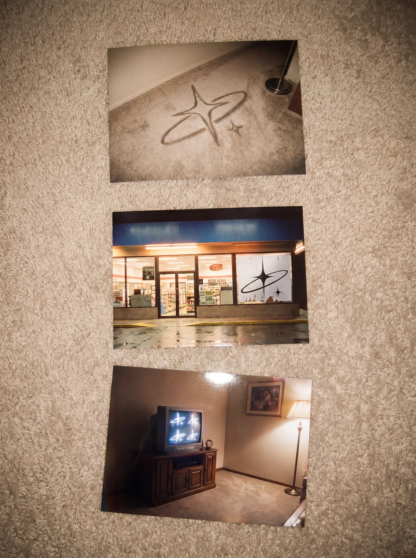 Three found photographs laid together — the sigil worn into carpet, the mark in a storefront window, and four marks glowing on a living-room television.
