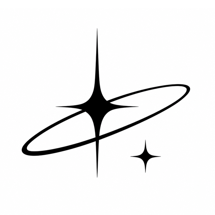 The master mark — a tall four-point star crossed by a thin elliptical orbit, with a smaller star beside it — in solid black line art.