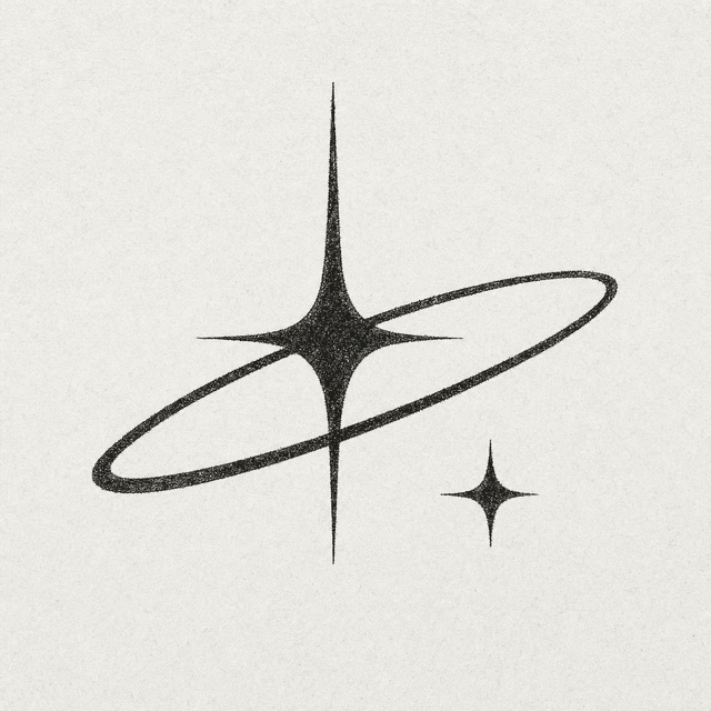 The same star-and-orbit mark in a worn, grainy print treatment on faded off-white paper.
